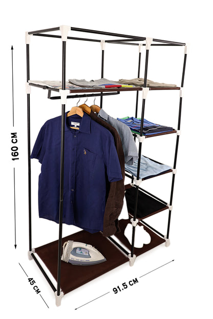Brown Foldable Non-Woven Wardrobe With Seven Shelves and a Hanging Bar