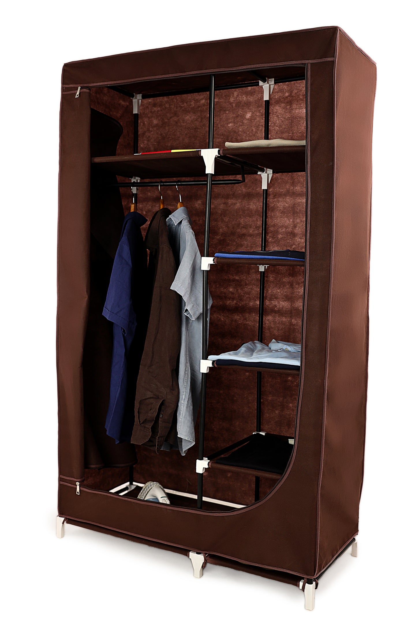 Brown Foldable Non-Woven Wardrobe With Seven Shelves and a Hanging Bar