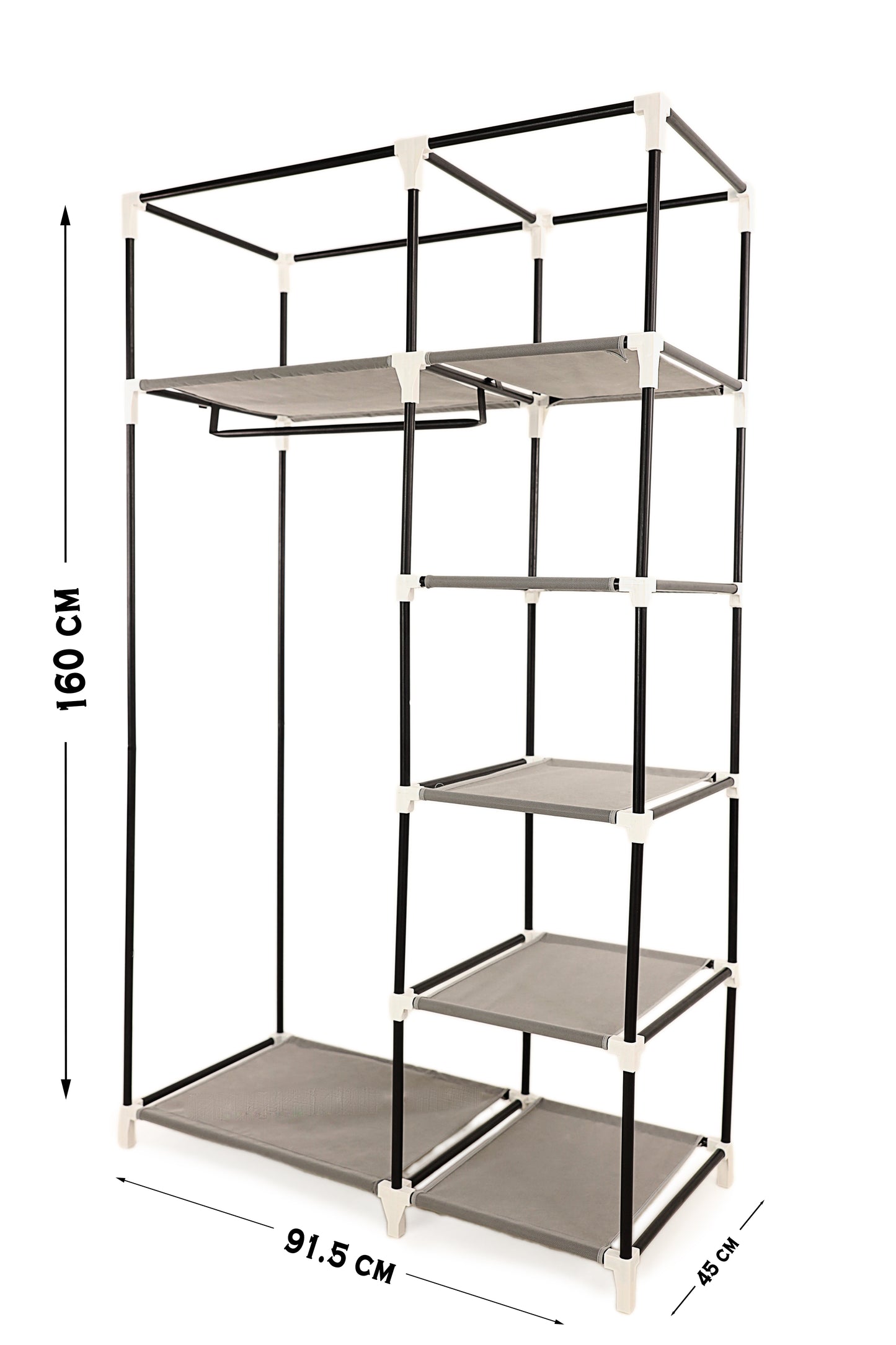 Gray Foldable Non-Woven Wardrobe With Seven Shelves and a Hanging Bar