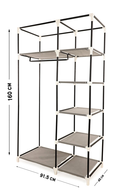 Gray Foldable Non-Woven Wardrobe With Seven Shelves and a Hanging Bar