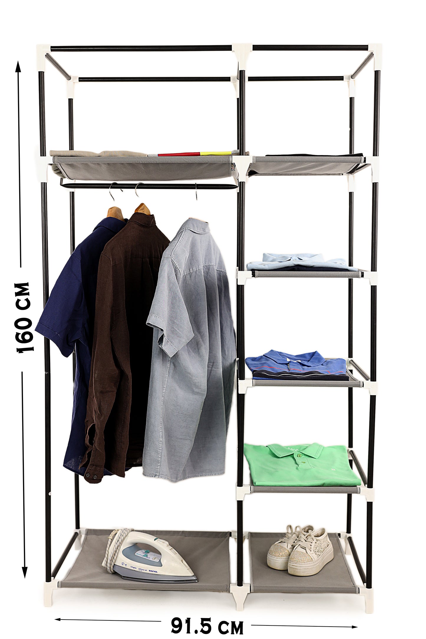 Gray Foldable Non-Woven Wardrobe With Seven Shelves and a Hanging Bar