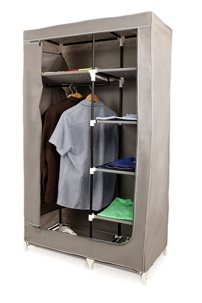 Gray Foldable Non-Woven Wardrobe With Seven Shelves and a Hanging Bar