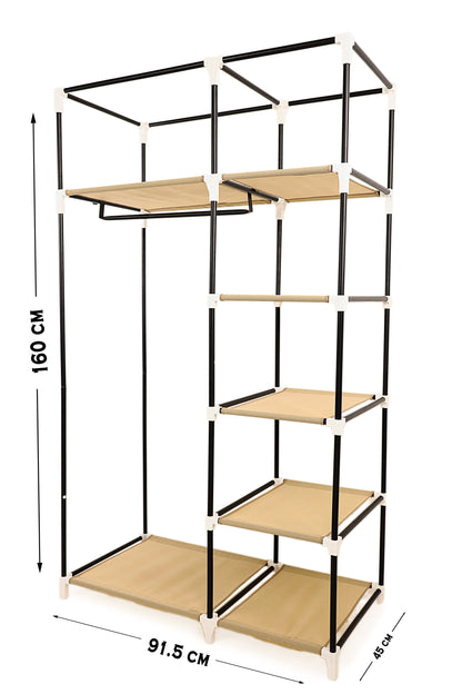 Beige Foldable Non-Woven Wardrobe With Seven Shelves and a Hanging Bar