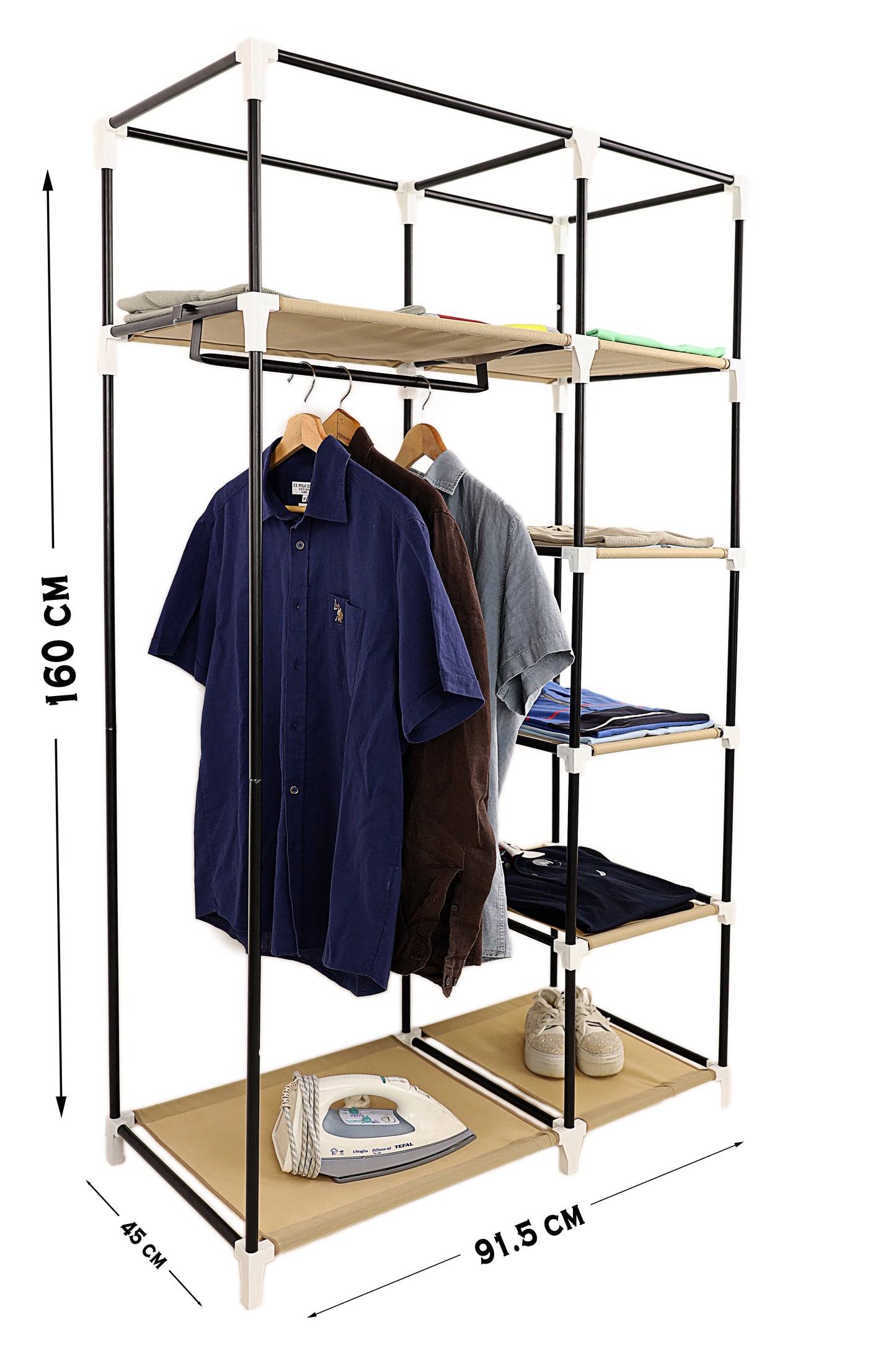 Beige Foldable Non-Woven Wardrobe With Seven Shelves and a Hanging Bar