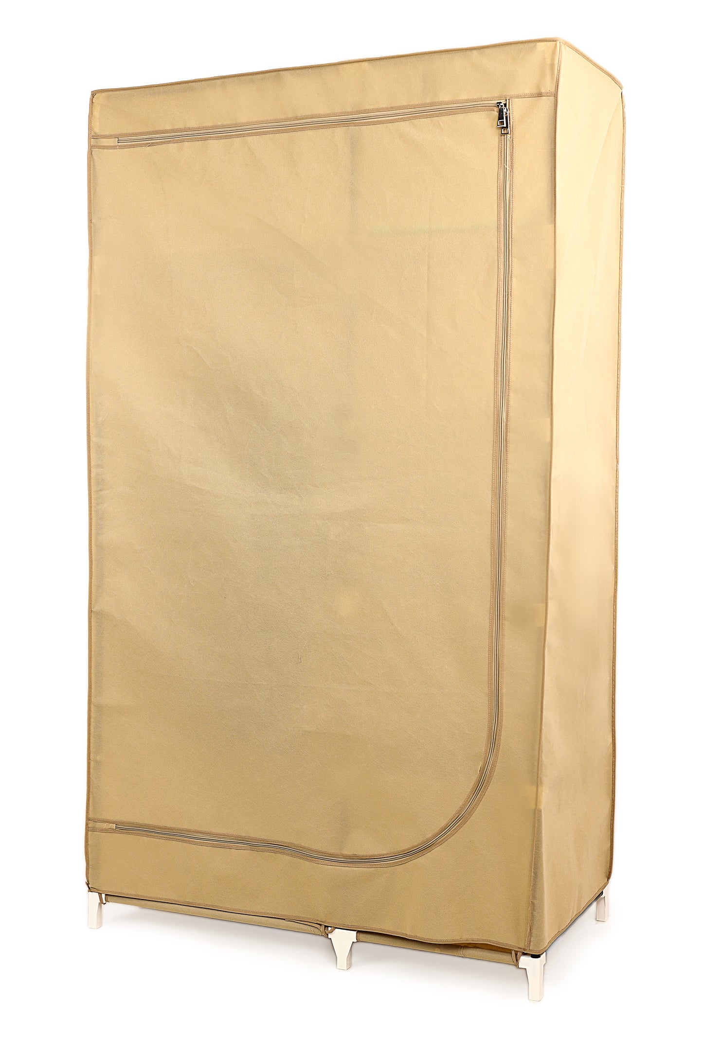 Beige Foldable Non-Woven Wardrobe With Seven Shelves and a Hanging Bar
