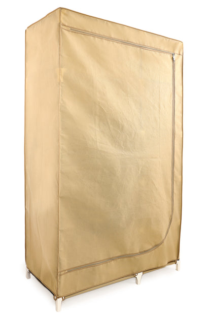 Beige Foldable Non-Woven Wardrobe With Seven Shelves and a Hanging Bar
