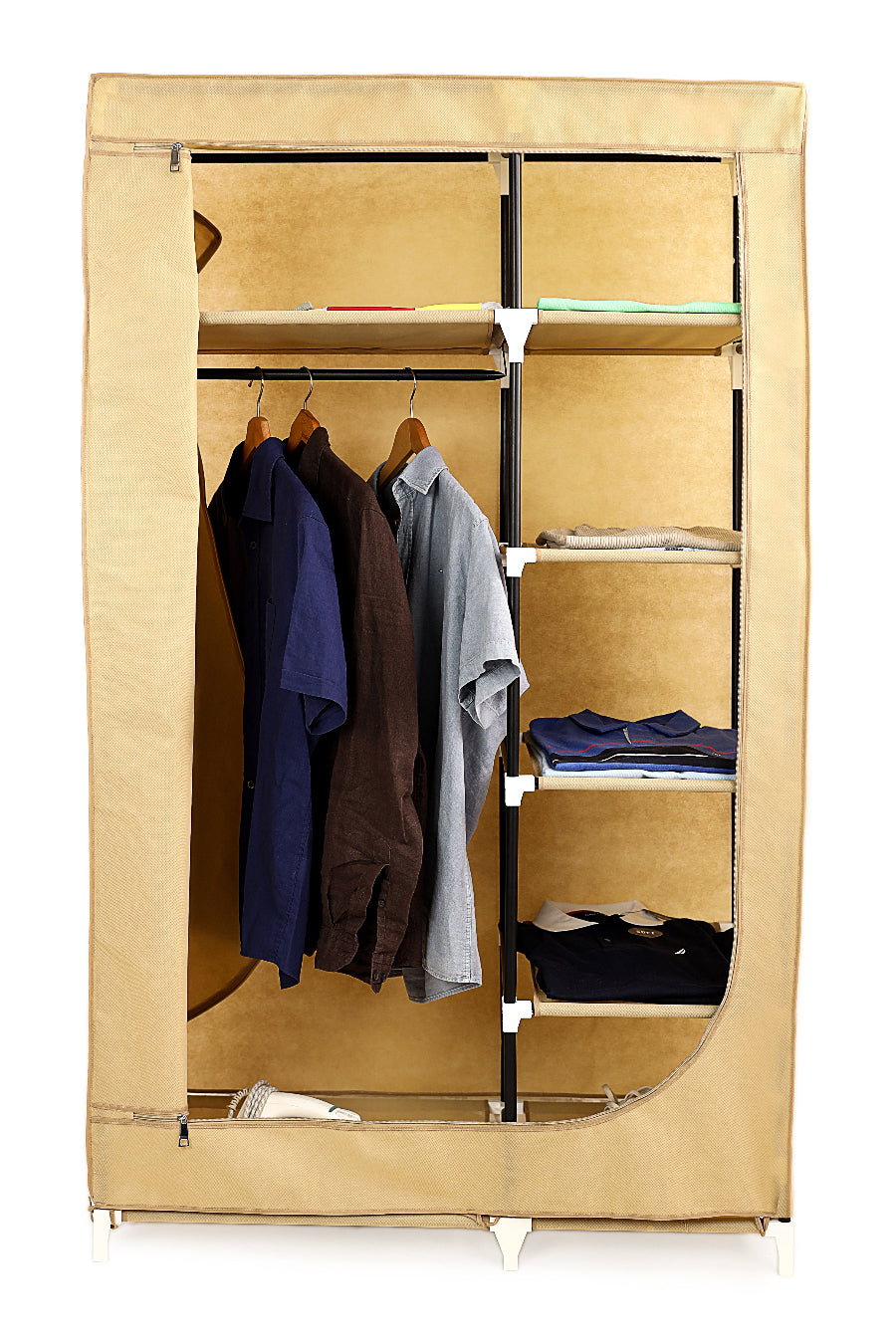 Beige Foldable Non-Woven Wardrobe With Seven Shelves and a Hanging Bar