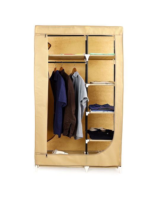 Beige Foldable Non-Woven Wardrobe With Seven Shelves and a Hanging Bar