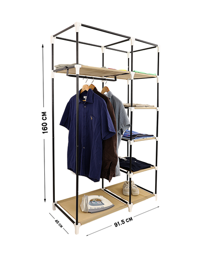 Beige Foldable Non-Woven Wardrobe With Seven Shelves and a Hanging Bar