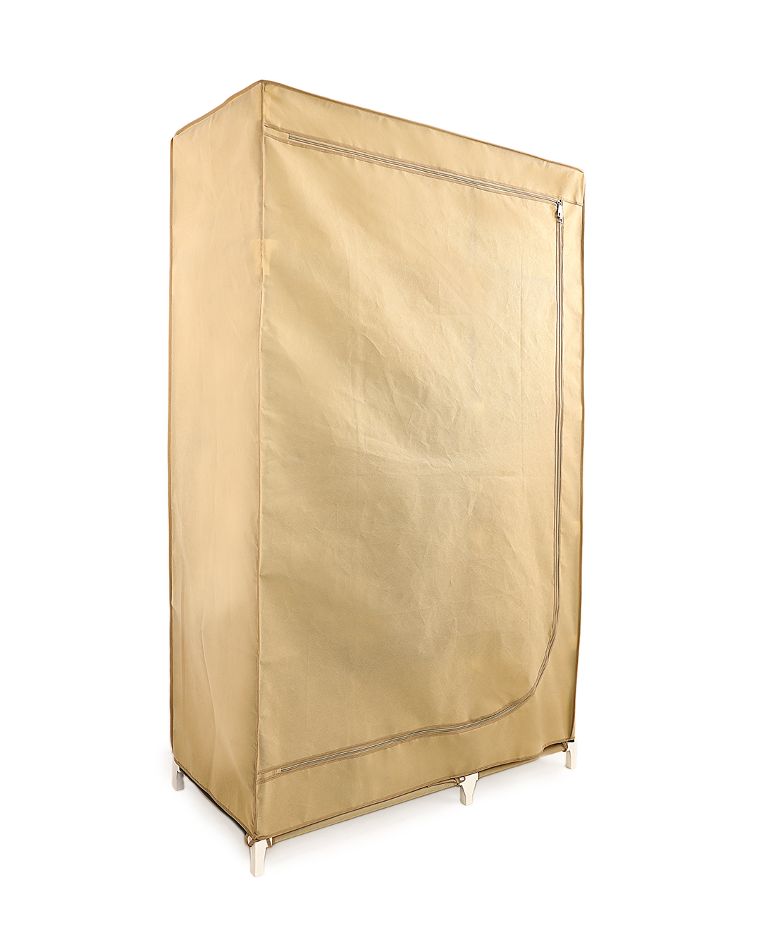 Beige Foldable Non-Woven Wardrobe With Seven Shelves and a Hanging Bar