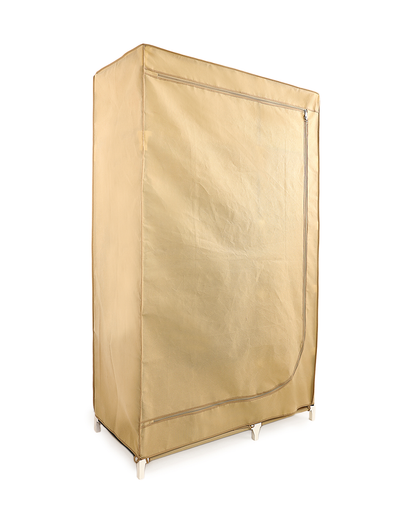 Beige Foldable Non-Woven Wardrobe With Seven Shelves and a Hanging Bar