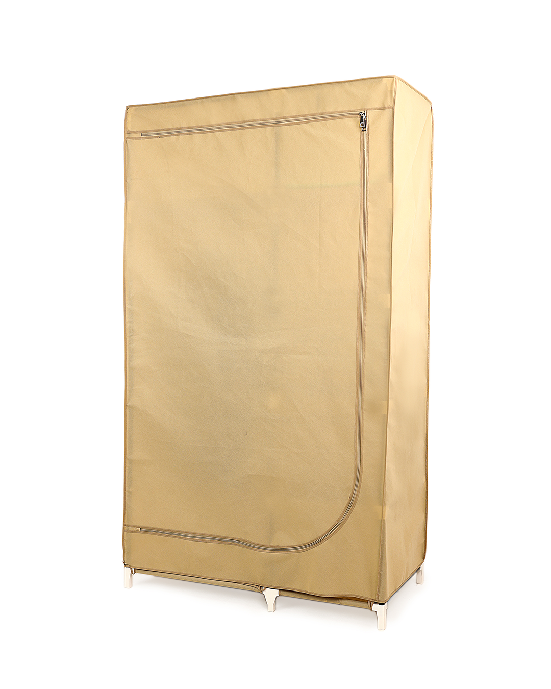 Beige Foldable Non-Woven Wardrobe With Seven Shelves and a Hanging Bar