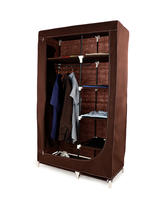 Brown Foldable Non-Woven Wardrobe With Seven Shelves and a Hanging Bar