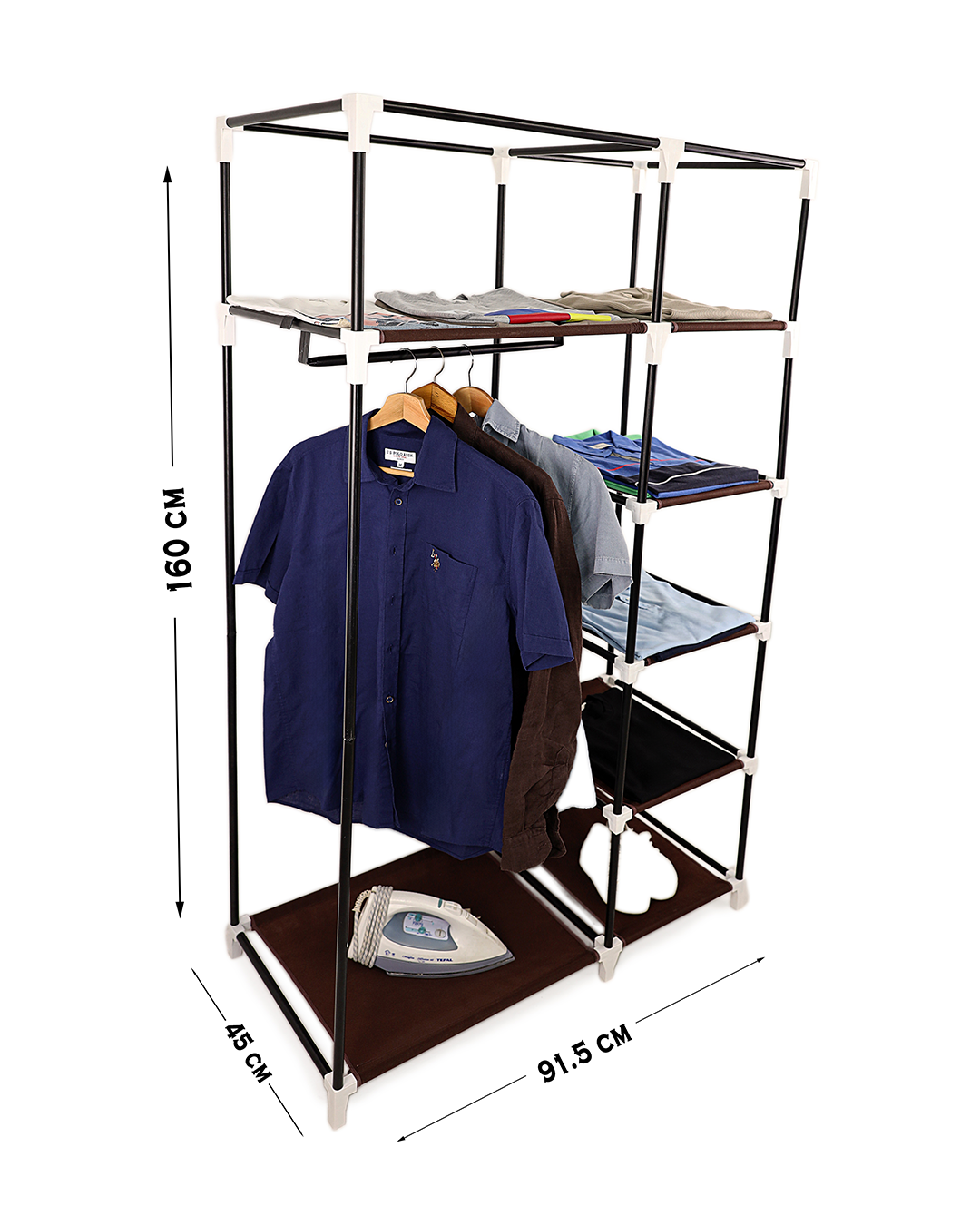 Brown Foldable Non-Woven Wardrobe With Seven Shelves and a Hanging Bar