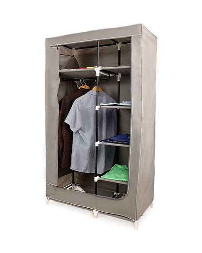 Gray Foldable Non-Woven Wardrobe With Seven Shelves and a Hanging Bar