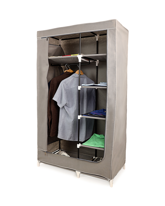 Gray Foldable Non-Woven Wardrobe With Seven Shelves and a Hanging Bar