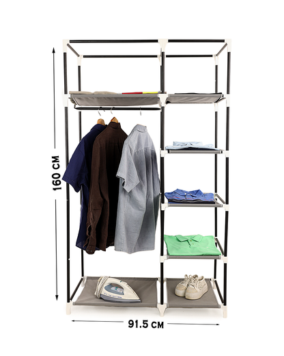 Gray Foldable Non-Woven Wardrobe With Seven Shelves and a Hanging Bar